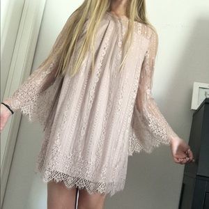 short, nude pink, long sleeve dress